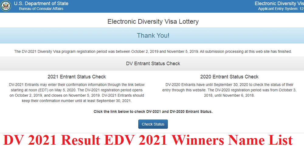 DV 2021 Result EDV 2021 Winners Name List