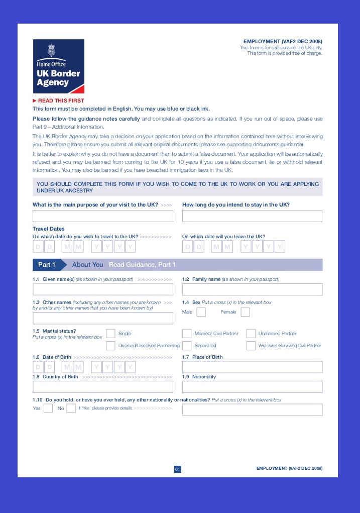 UK Working Visa Application Form 